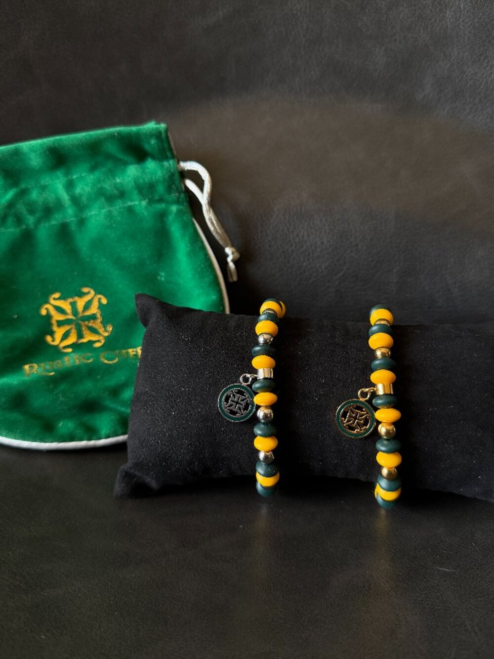 Rustic Cuff Silver and Gold and Green Baylor Beaded Bracelets with Display Case